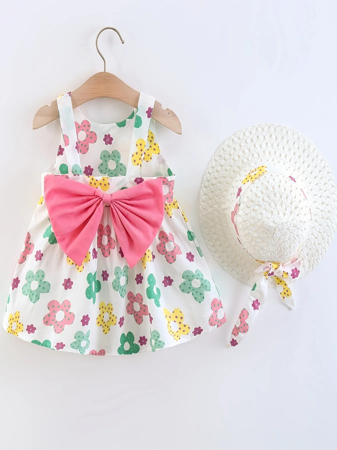 Infant Little Girls Sleeveless Princess Dress   Hat Set with Big Bowknot Design