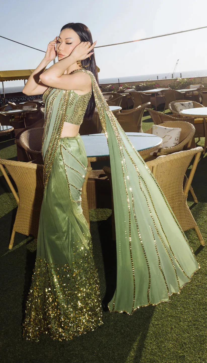 JESSICA WANG IN OLIVE SHADED EMBELLISHED SAREE SET