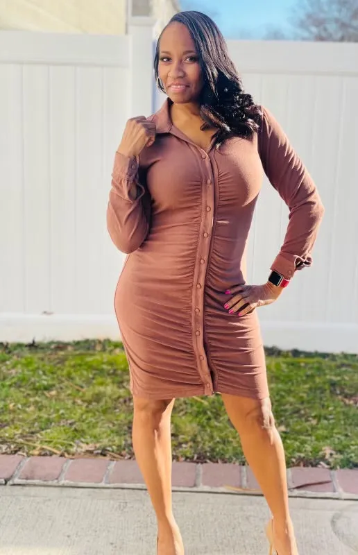Kelli Ruched Button Down Dress - Mocha