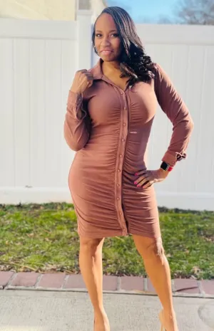 Kelli Ruched Button Down Dress - Mocha