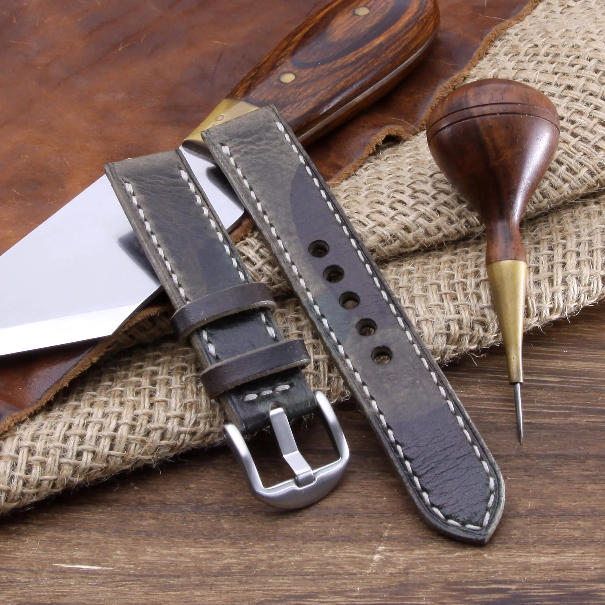 Leather Watch Strap, Military 107  | Full Stitch
