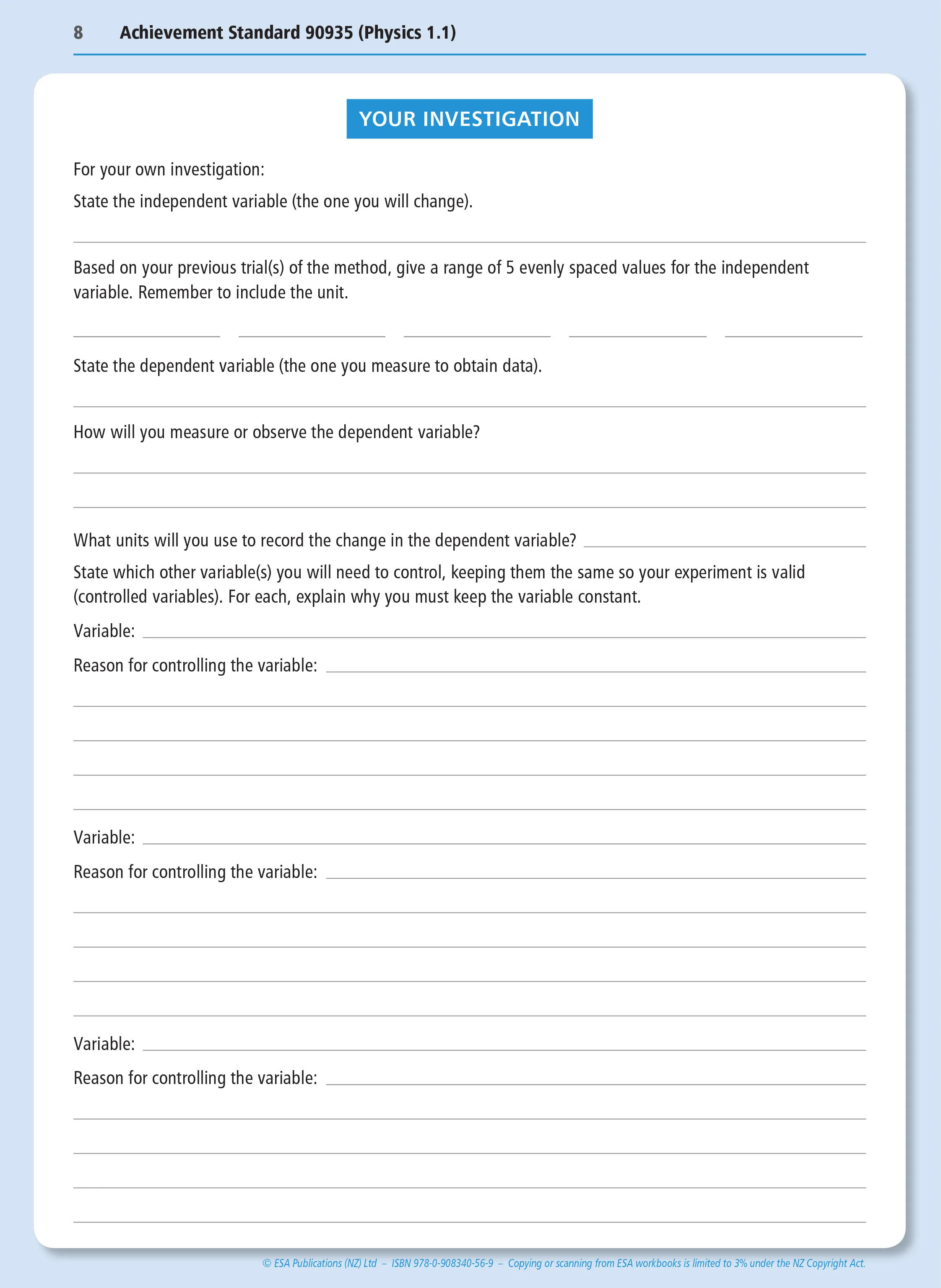 Level 1 Practical Physics Investigation 1.1 Learning Workbook