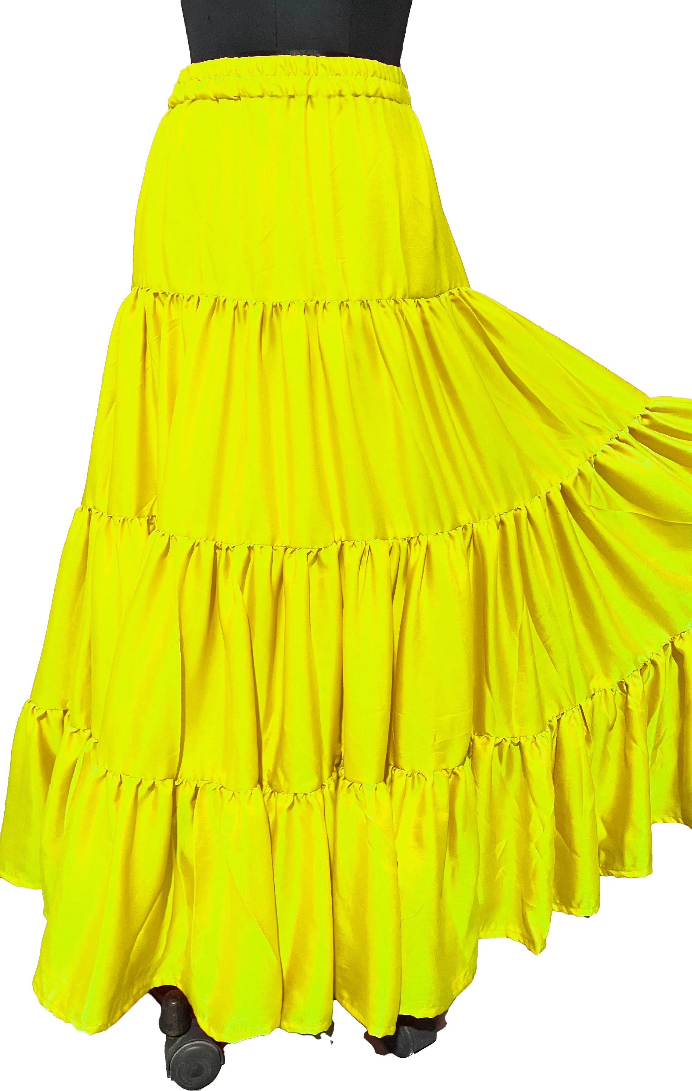 Lime Yellow Tiered Silk Ankle Length Skirt Comfortable Elastic Waist Flared Layer