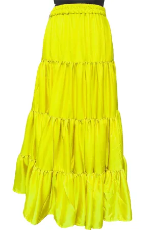 Lime Yellow Tiered Silk Ankle Length Skirt Comfortable Elastic Waist Flared Layer