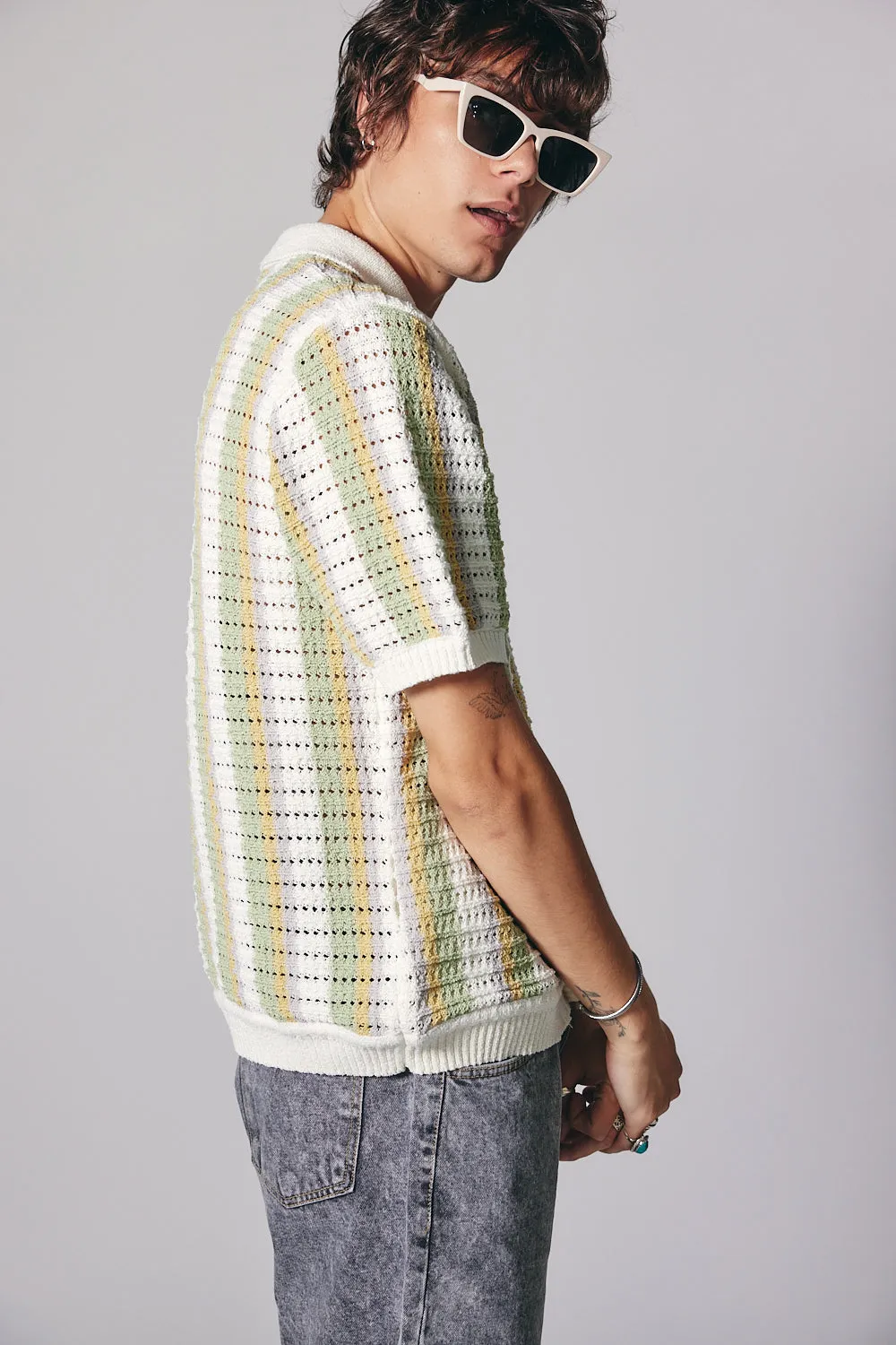 Linen Striped Polo Knit Cardigan