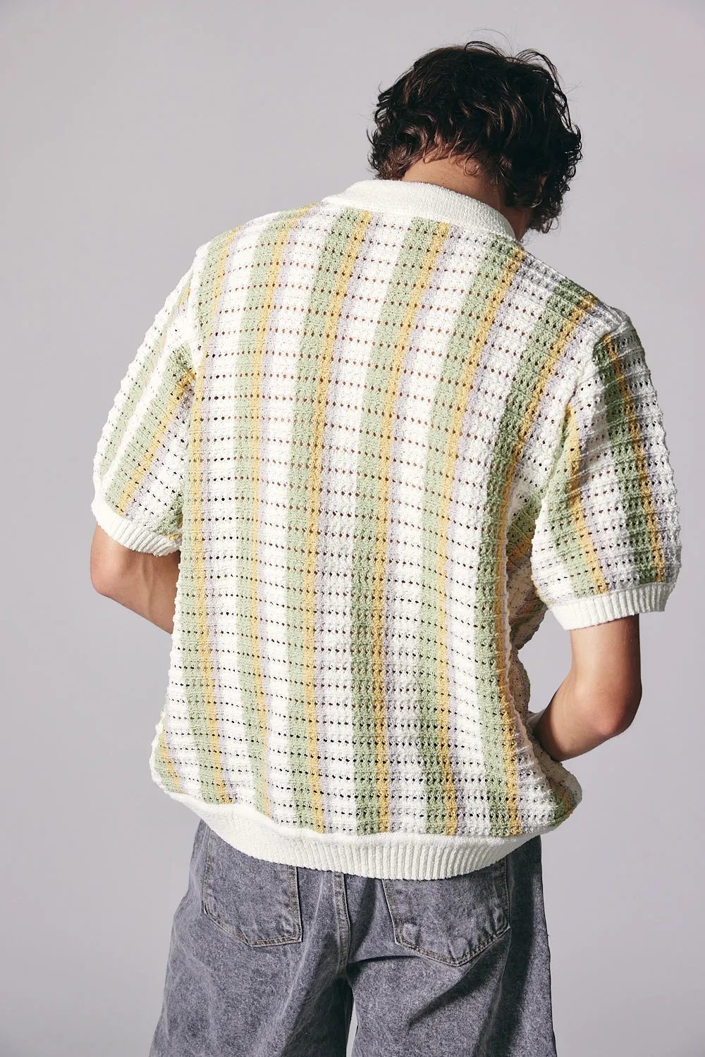 Linen Striped Polo Knit Cardigan