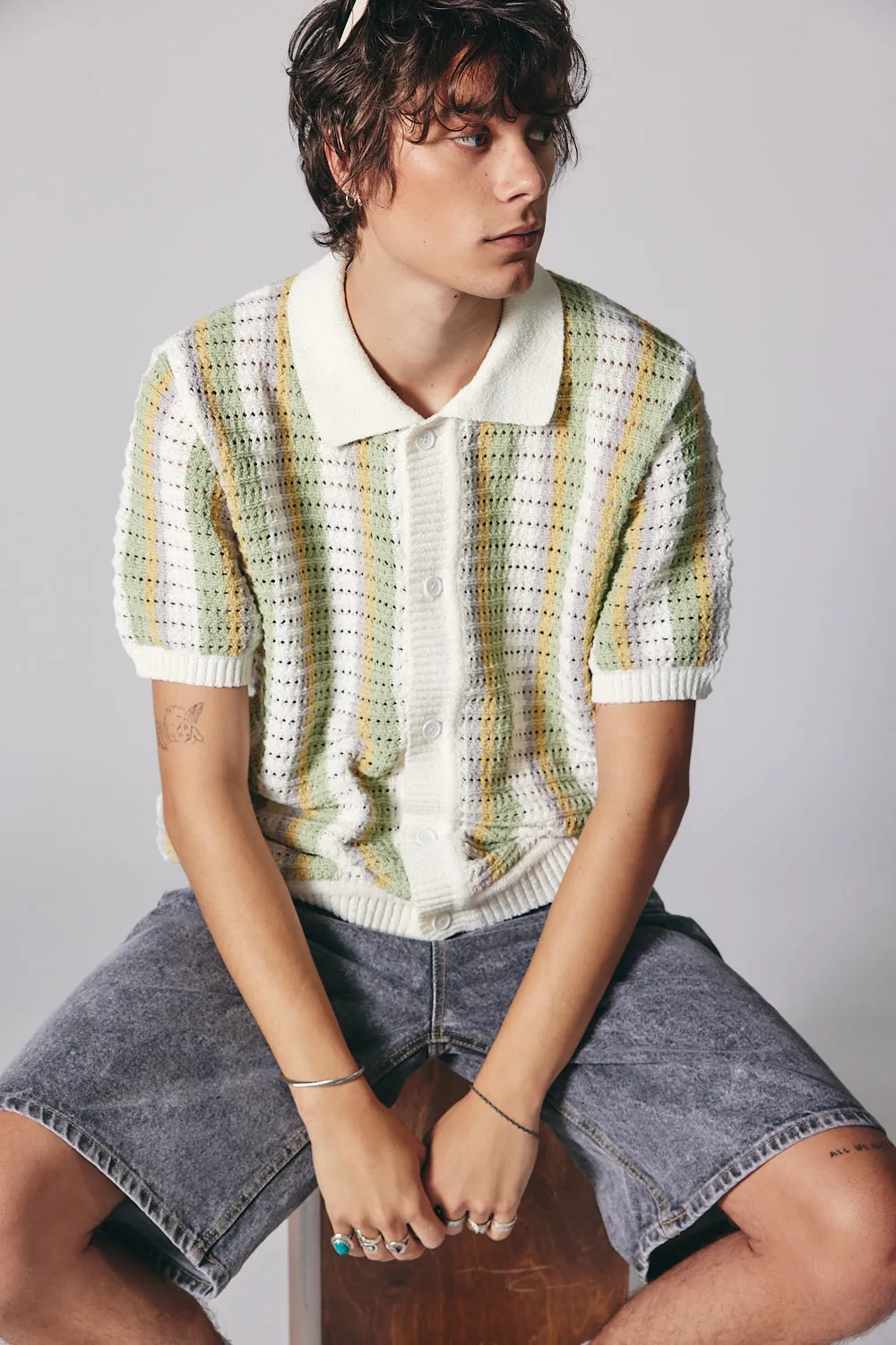 Linen Striped Polo Knit Cardigan