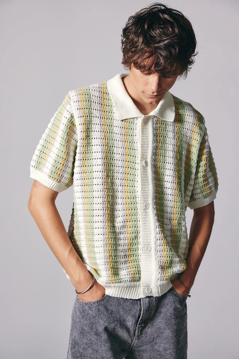 Linen Striped Polo Knit Cardigan