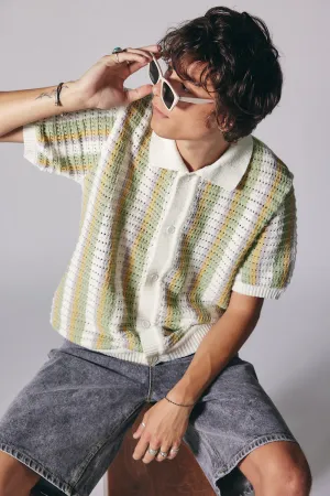 Linen Striped Polo Knit Cardigan