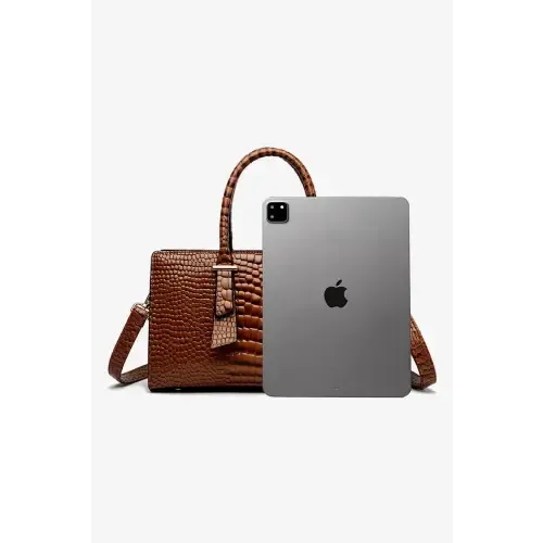 Luxurious Brown Croc Textured PU Leather Handbag