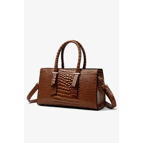 Luxurious Brown Croc Textured PU Leather Handbag