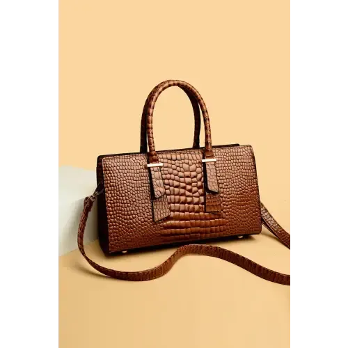 Luxurious Brown Croc Textured PU Leather Handbag