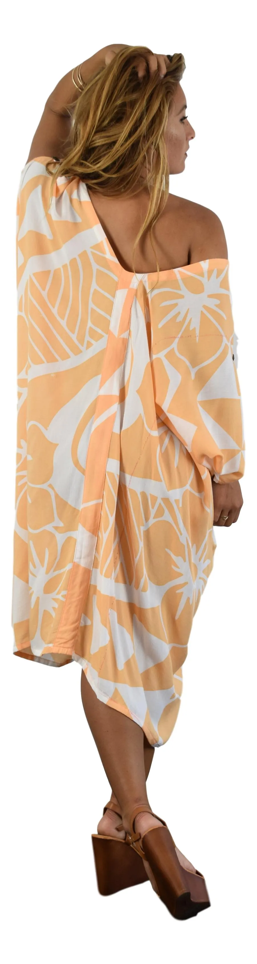 Makena Poncho with coconut buttons - Hawaiian HIbiscus - Orange
