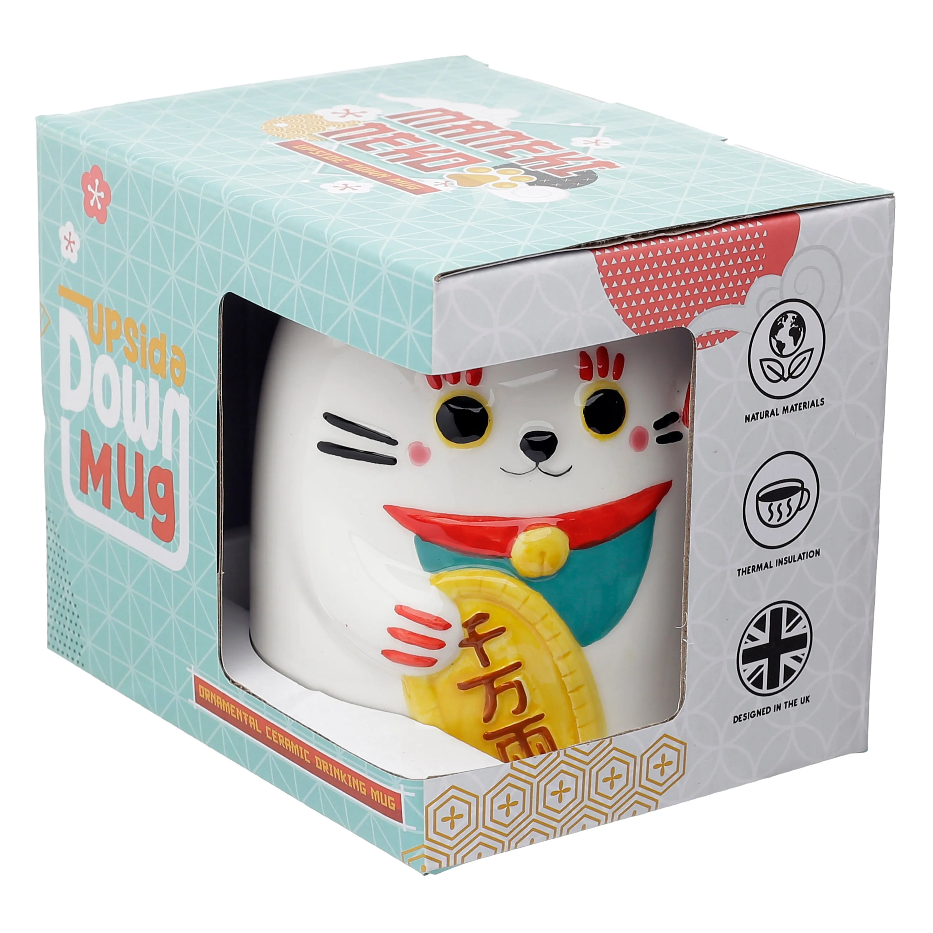Maneki Neko Lucky Cat Upside Down Ceramic Shaped Mug