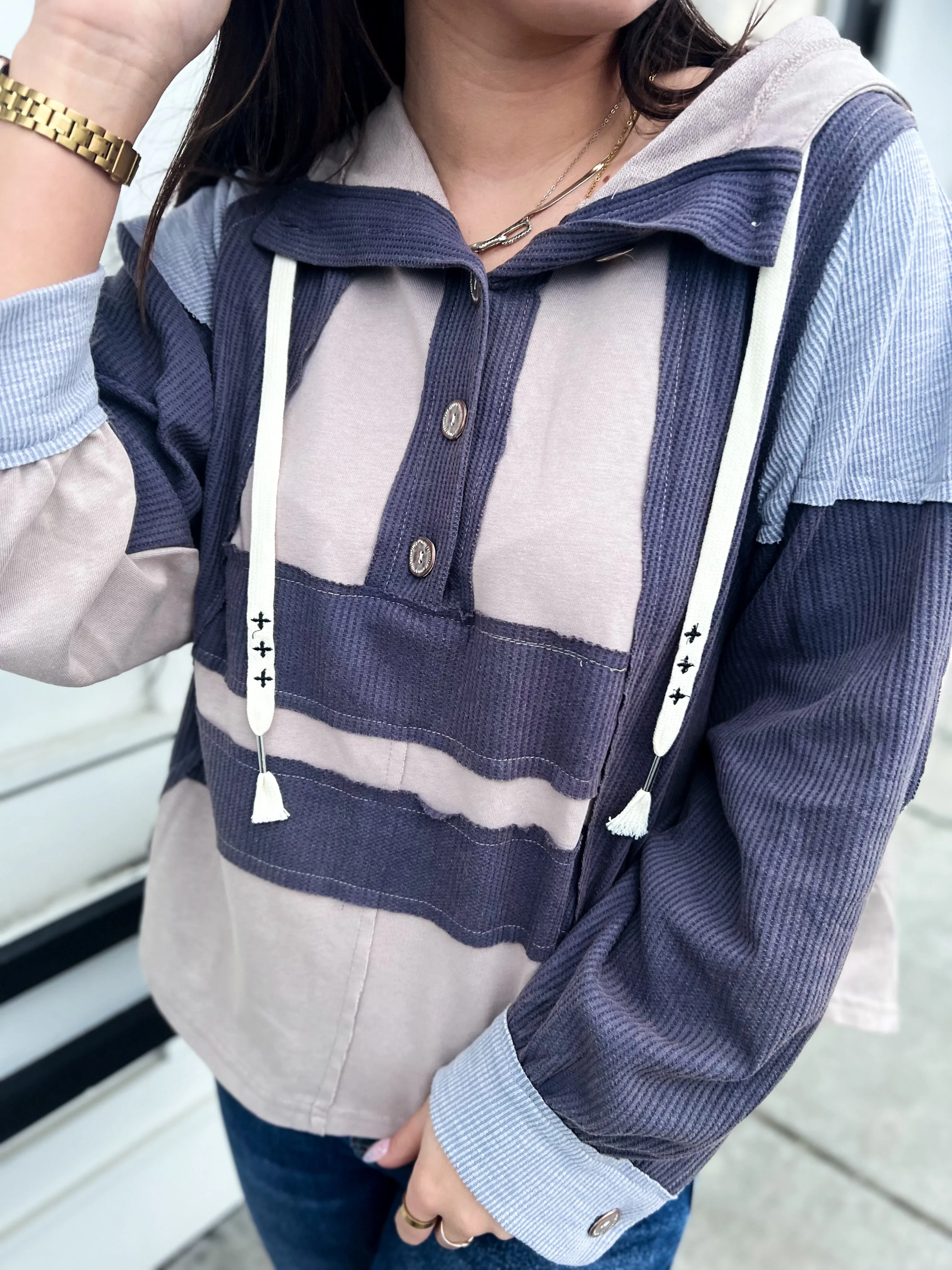 Marley Mock Neck LS Ribbed Knit Hoodie- Taupe Grey