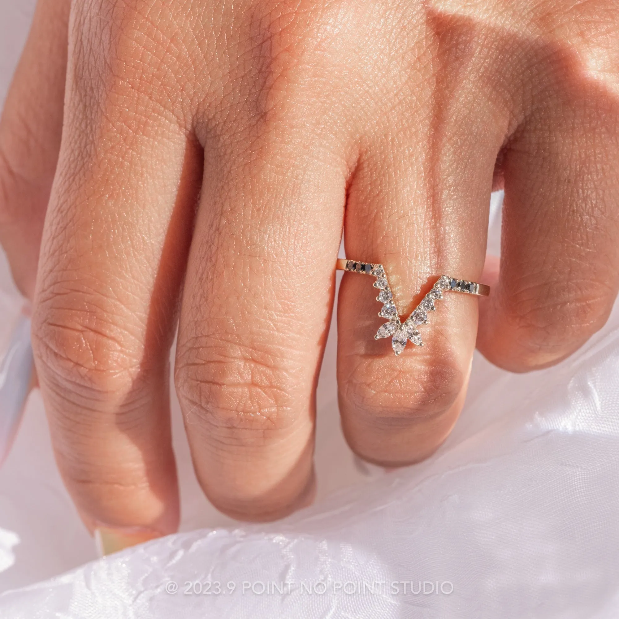 Marquise Diamond Wedding Band, Ombre Cleo Setting, 14k White Gold