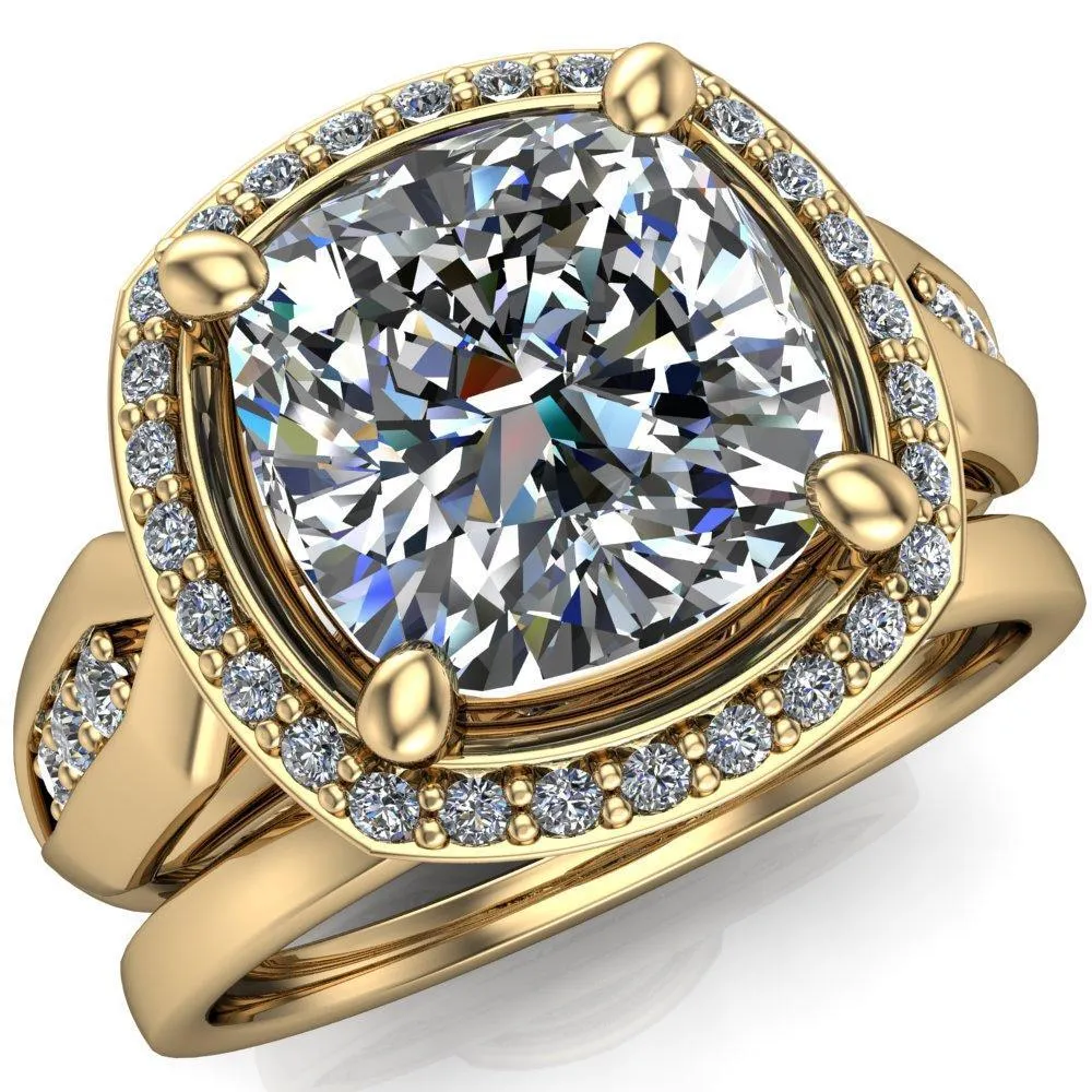 Melody Cushion Center Stone Posh Cathedral Diamond Halo 4 Prong Engagement Ring