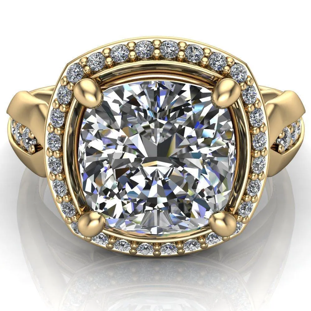 Melody Cushion Center Stone Posh Cathedral Diamond Halo 4 Prong Engagement Ring