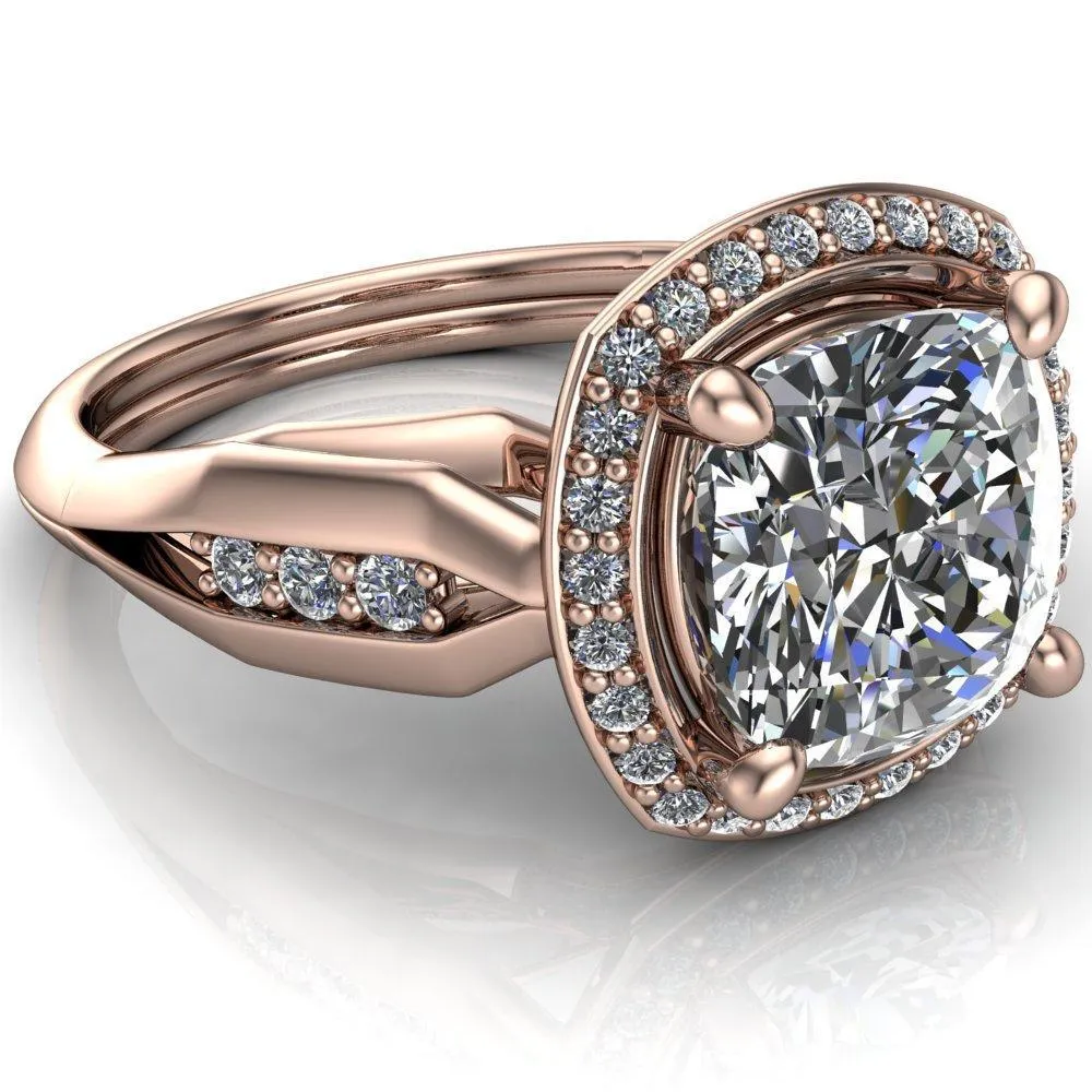 Melody Cushion Center Stone Posh Cathedral Diamond Halo 4 Prong Engagement Ring