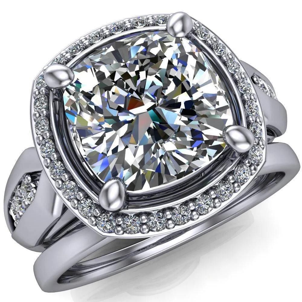 Melody Cushion Center Stone Posh Cathedral Diamond Halo 4 Prong Engagement Ring