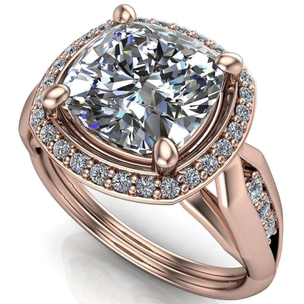 Melody Cushion Center Stone Posh Cathedral Diamond Halo 4 Prong Engagement Ring