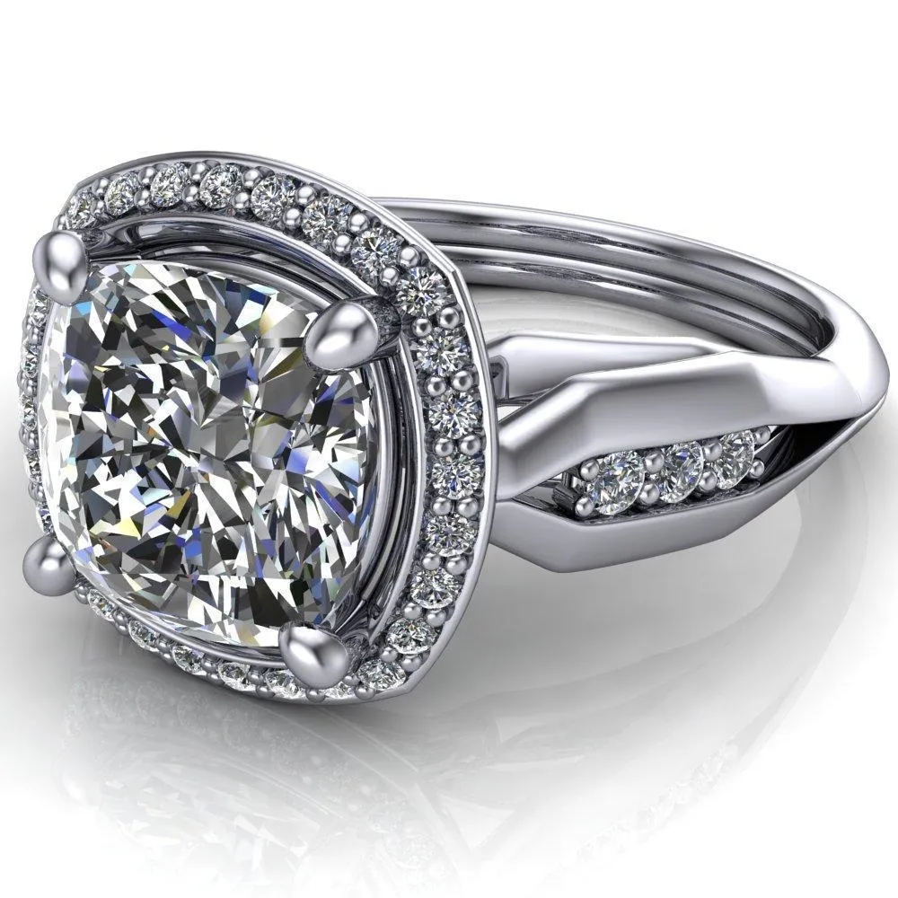 Melody Cushion Center Stone Posh Cathedral Diamond Halo 4 Prong Engagement Ring