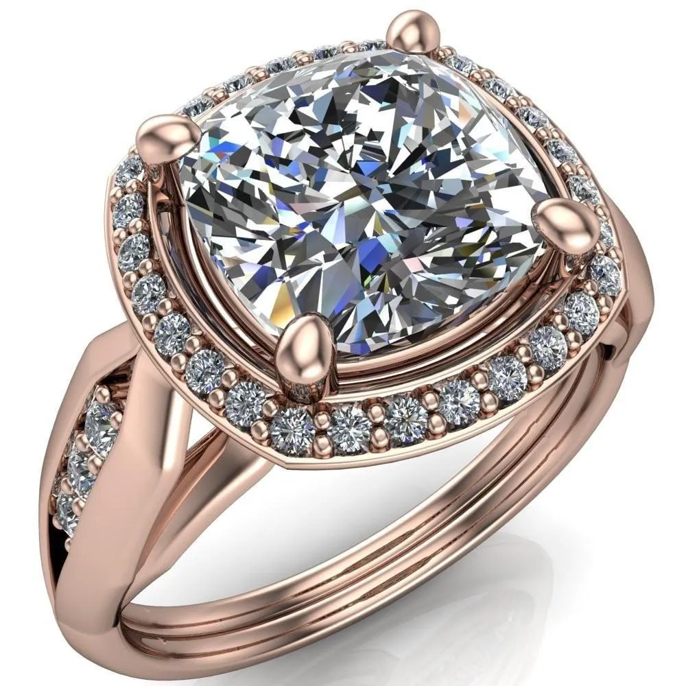 Melody Cushion Center Stone Posh Cathedral Diamond Halo 4 Prong Engagement Ring