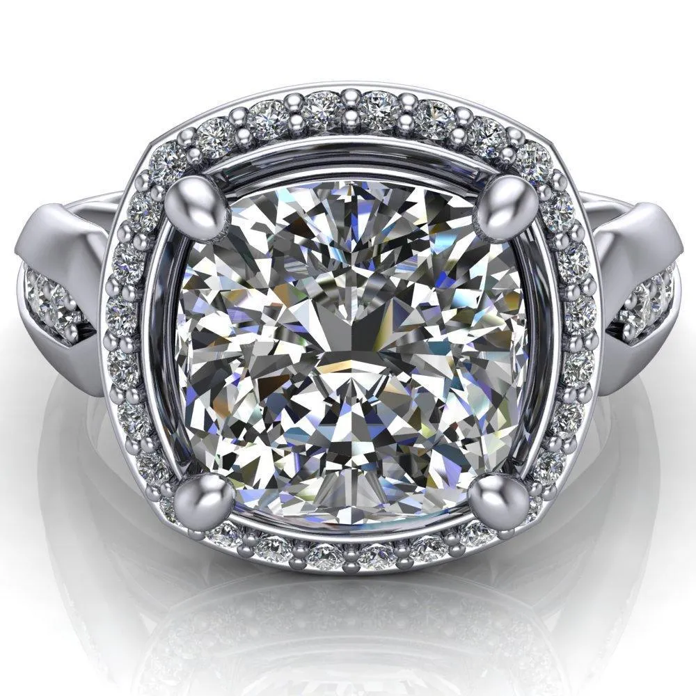Melody Cushion Center Stone Posh Cathedral Diamond Halo 4 Prong Engagement Ring