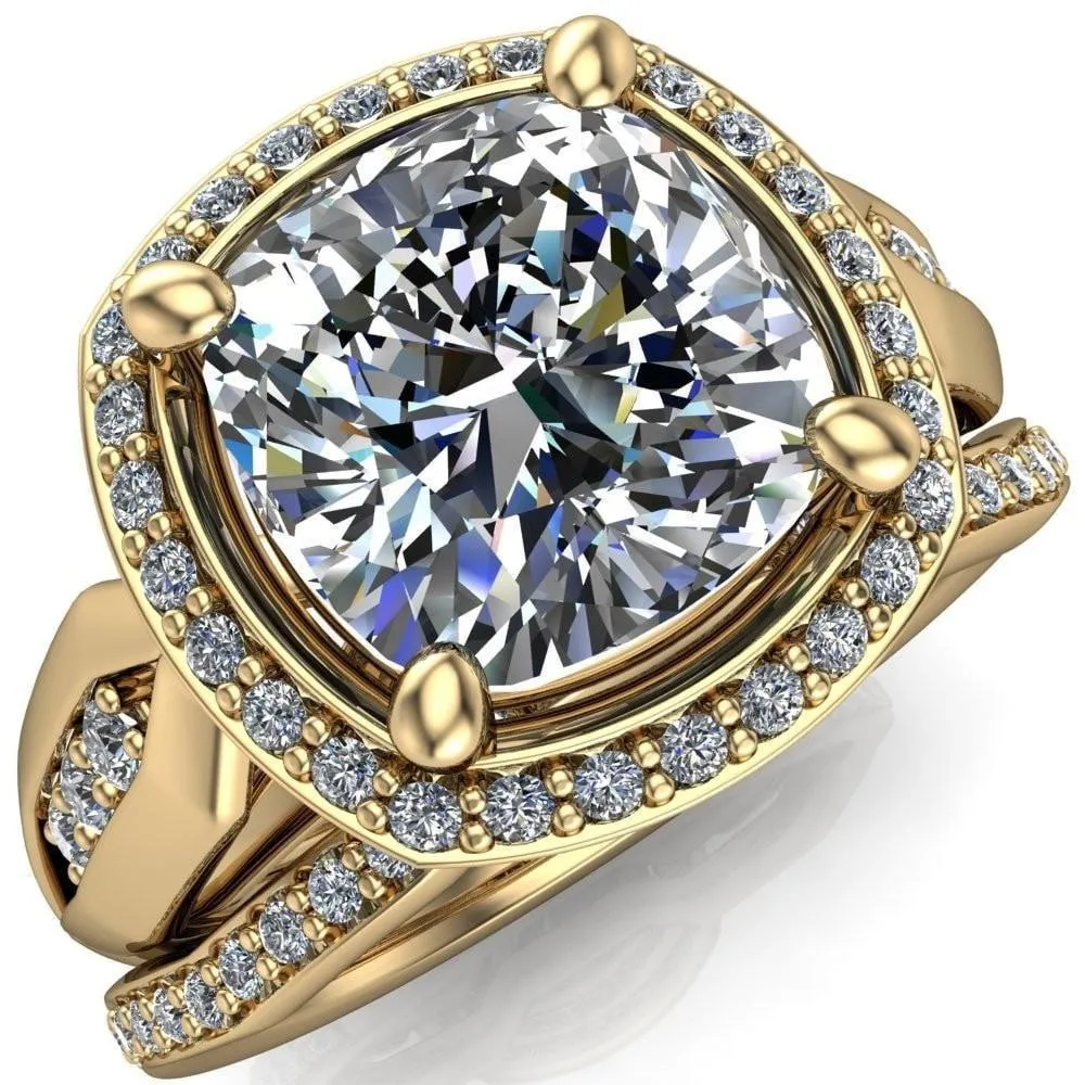 Melody Cushion Center Stone Posh Cathedral Diamond Halo 4 Prong Engagement Ring