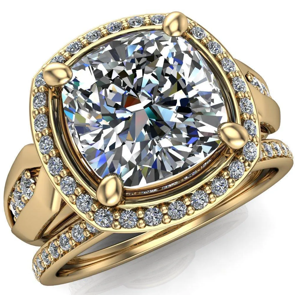 Melody Cushion Center Stone Posh Cathedral Diamond Halo 4 Prong Engagement Ring