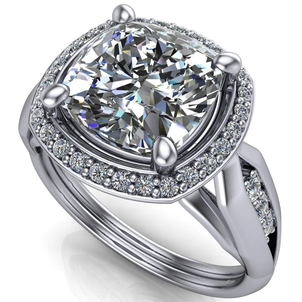 Melody Cushion Center Stone Posh Cathedral Diamond Halo 4 Prong Engagement Ring