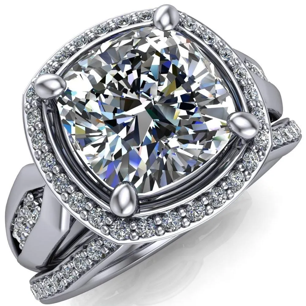 Melody Cushion Center Stone Posh Cathedral Diamond Halo 4 Prong Engagement Ring