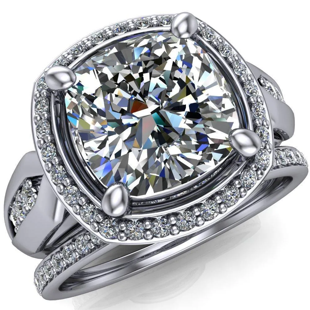 Melody Cushion Center Stone Posh Cathedral Diamond Halo 4 Prong Engagement Ring