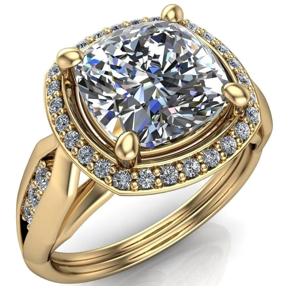 Melody Cushion Center Stone Posh Cathedral Diamond Halo 4 Prong Engagement Ring