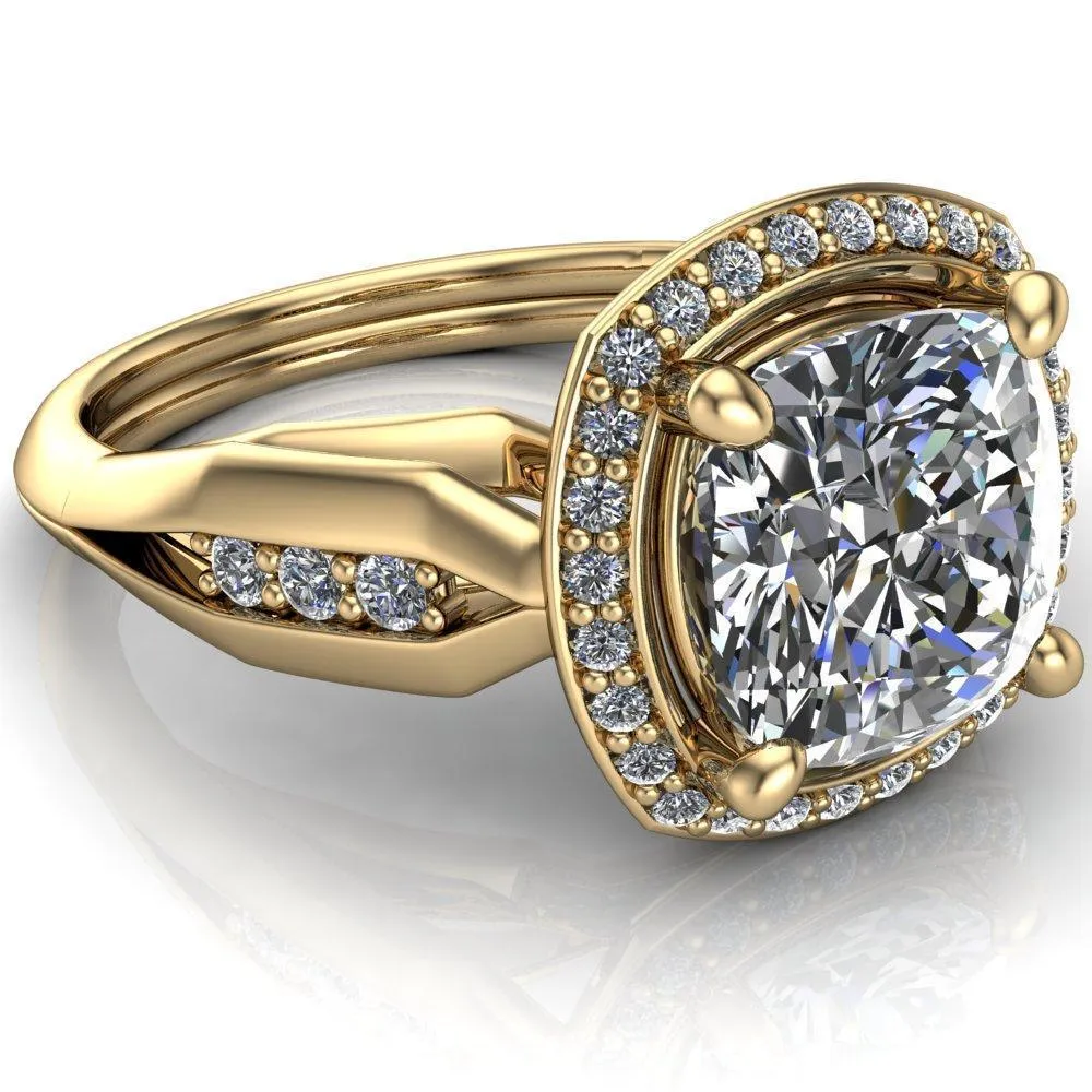 Melody Cushion Center Stone Posh Cathedral Diamond Halo 4 Prong Engagement Ring