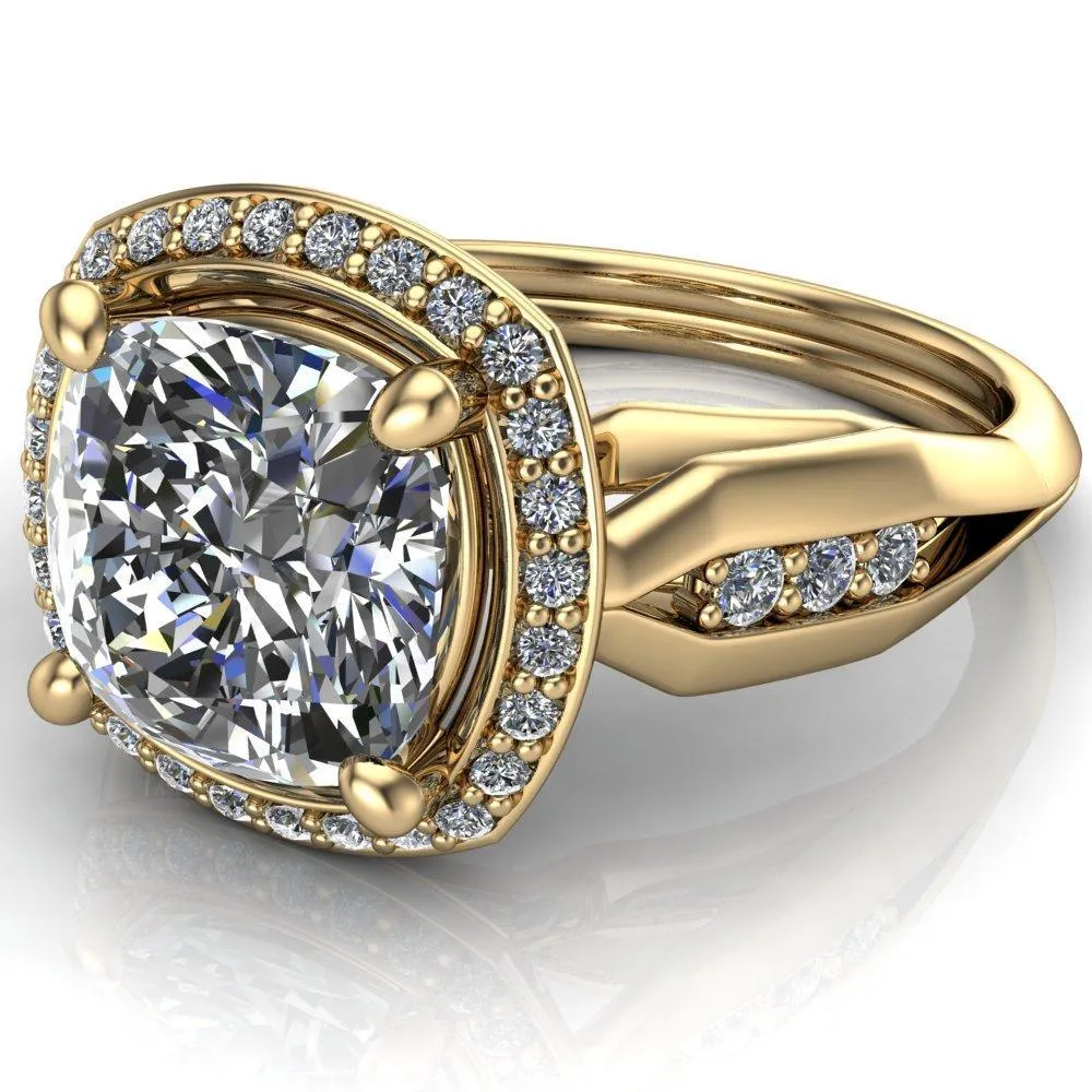 Melody Cushion Center Stone Posh Cathedral Diamond Halo 4 Prong Engagement Ring
