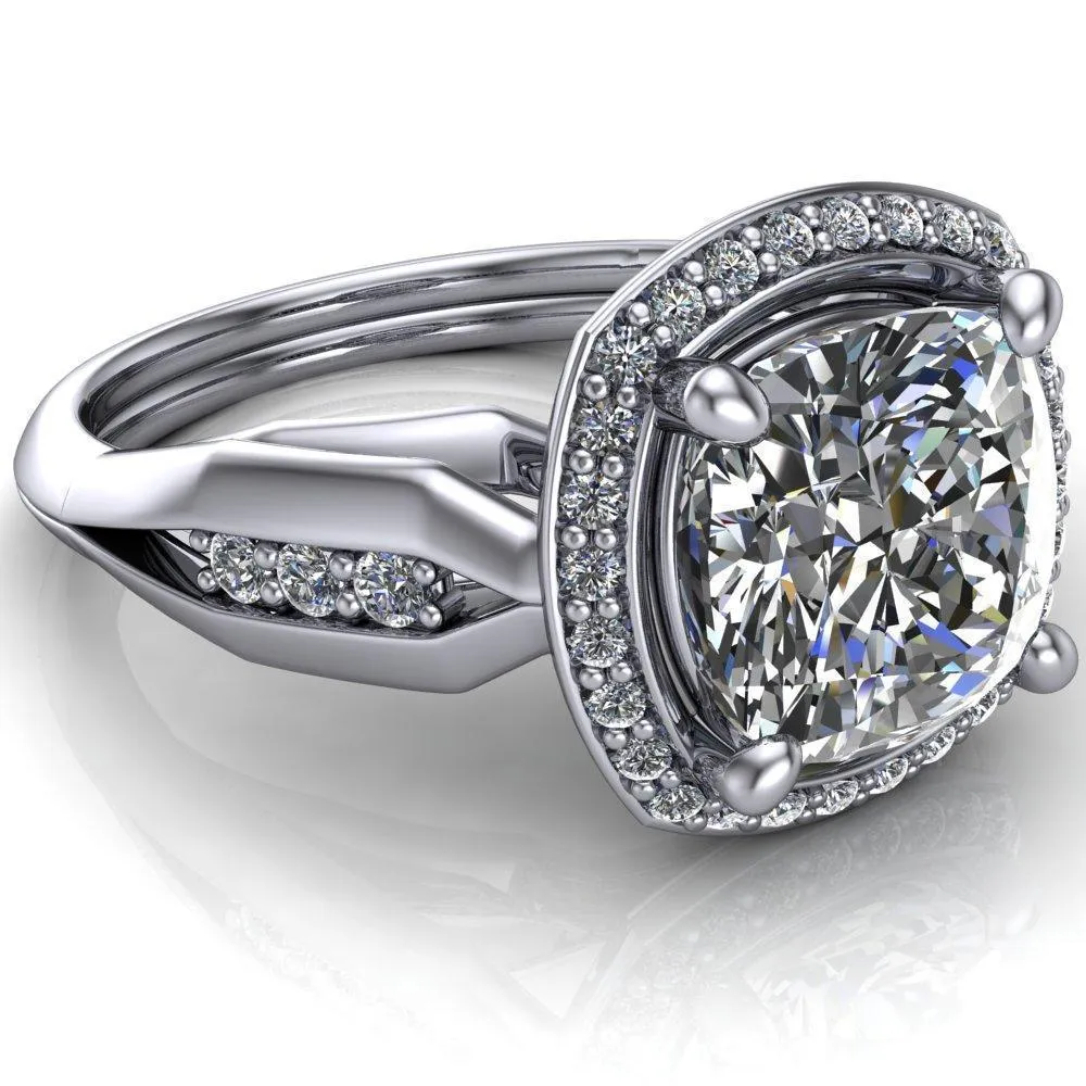 Melody Cushion Center Stone Posh Cathedral Diamond Halo 4 Prong Engagement Ring