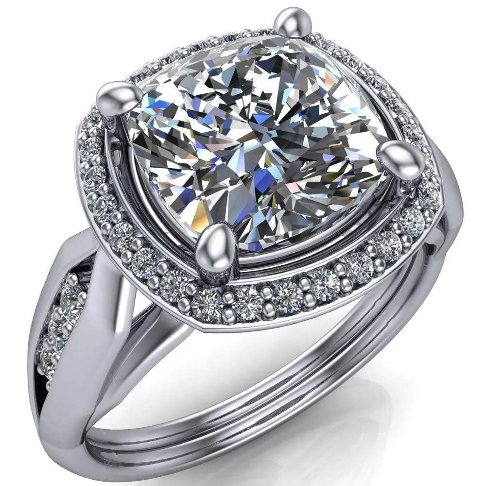 Melody Cushion Center Stone Posh Cathedral Diamond Halo 4 Prong Engagement Ring