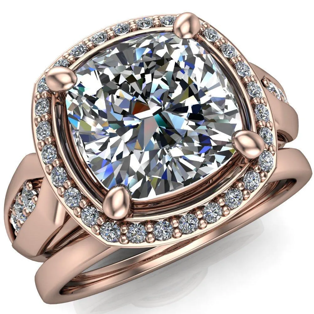 Melody Cushion Center Stone Posh Cathedral Diamond Halo 4 Prong Engagement Ring