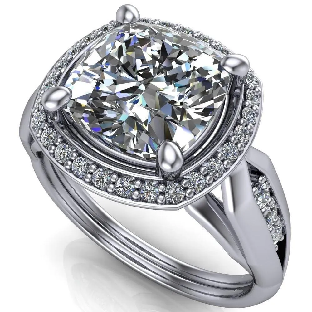 Melody Cushion Center Stone Posh Cathedral Diamond Halo 4 Prong Engagement Ring