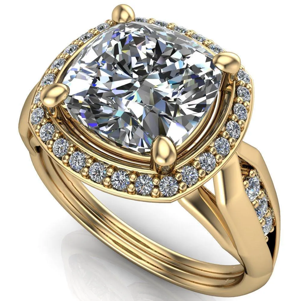 Melody Cushion Center Stone Posh Cathedral Diamond Halo 4 Prong Engagement Ring