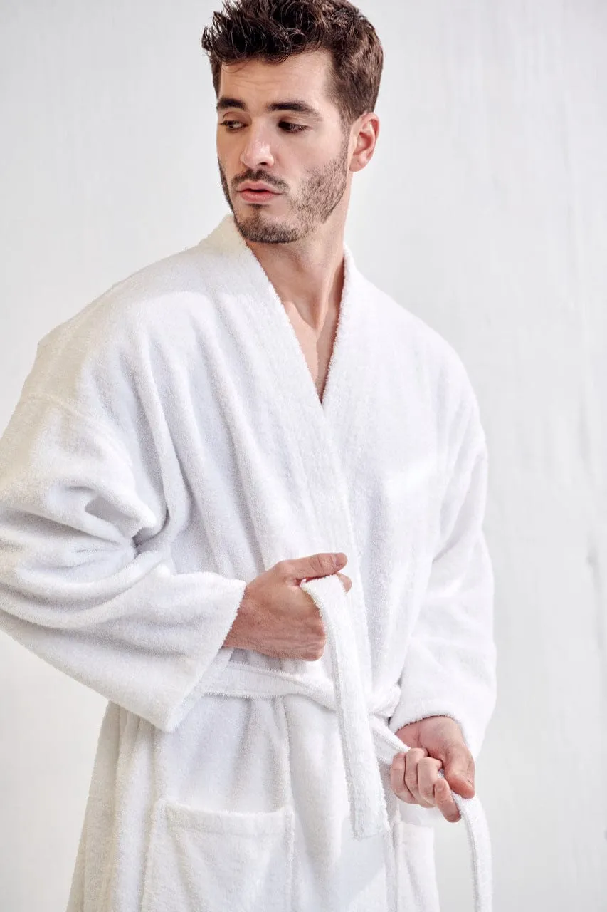 Men's Terry Cloth Bathrobe, Kimono Style, Luxury Terry Cotton Turkish & Comfortable, (White)