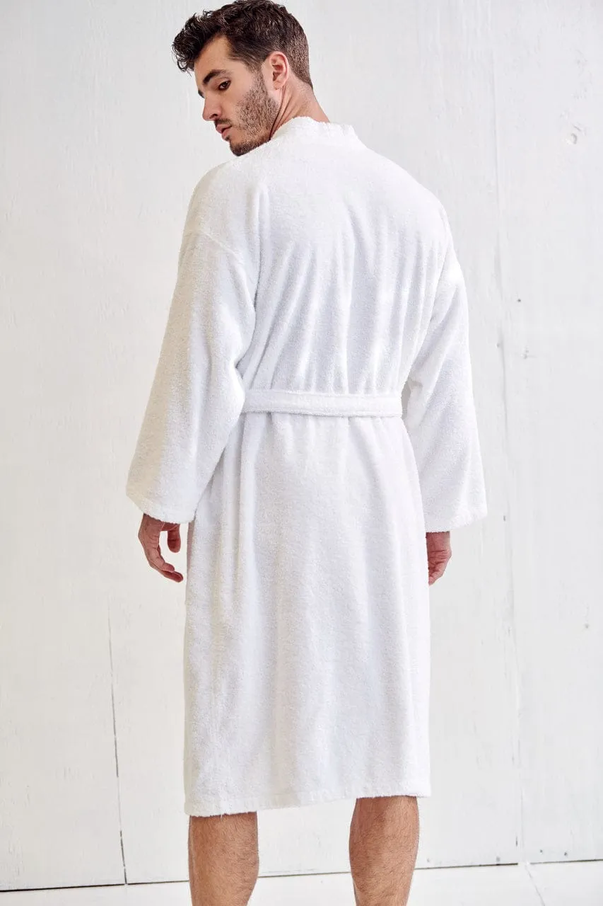 Men's Terry Cloth Bathrobe, Kimono Style, Luxury Terry Cotton Turkish & Comfortable, (White)
