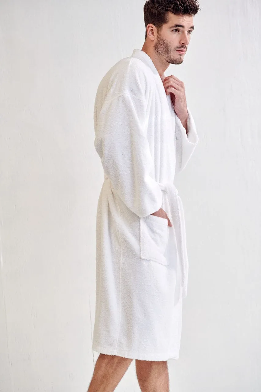 Men's Terry Cloth Bathrobe, Kimono Style, Luxury Terry Cotton Turkish & Comfortable, (White)