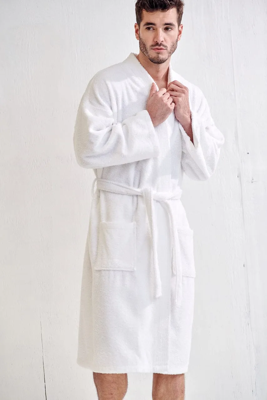 Men's Terry Cloth Bathrobe, Kimono Style, Luxury Terry Cotton Turkish & Comfortable, (White)