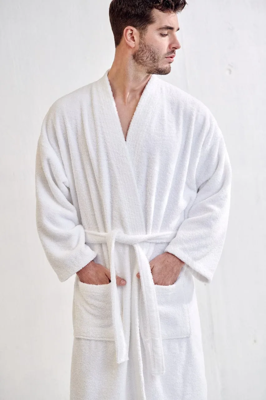 Men's Terry Cloth Bathrobe, Kimono Style, Luxury Terry Cotton Turkish & Comfortable, (White)