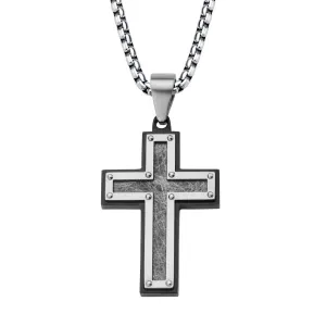 Mens Textured Black IP Cross Pendant With Box Chain