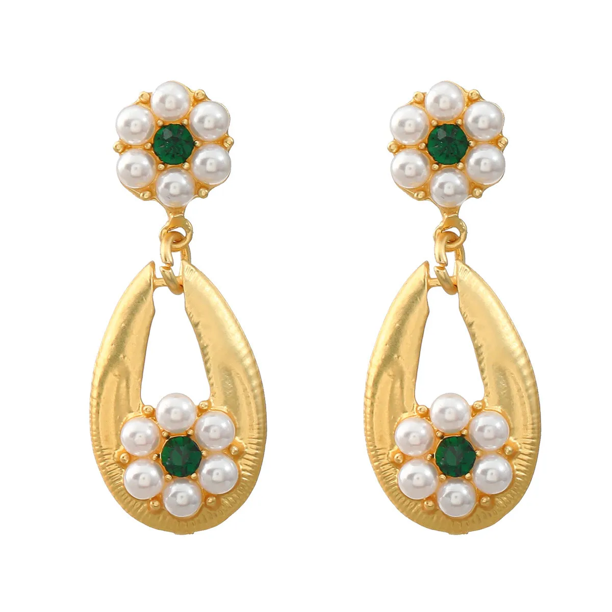 Mid-Ancient Earrings European and American Vintage Earrings Women's Bohemian Style Drop-Shaped Alloy Inlaid Pearl Flower Earrings Wholesale