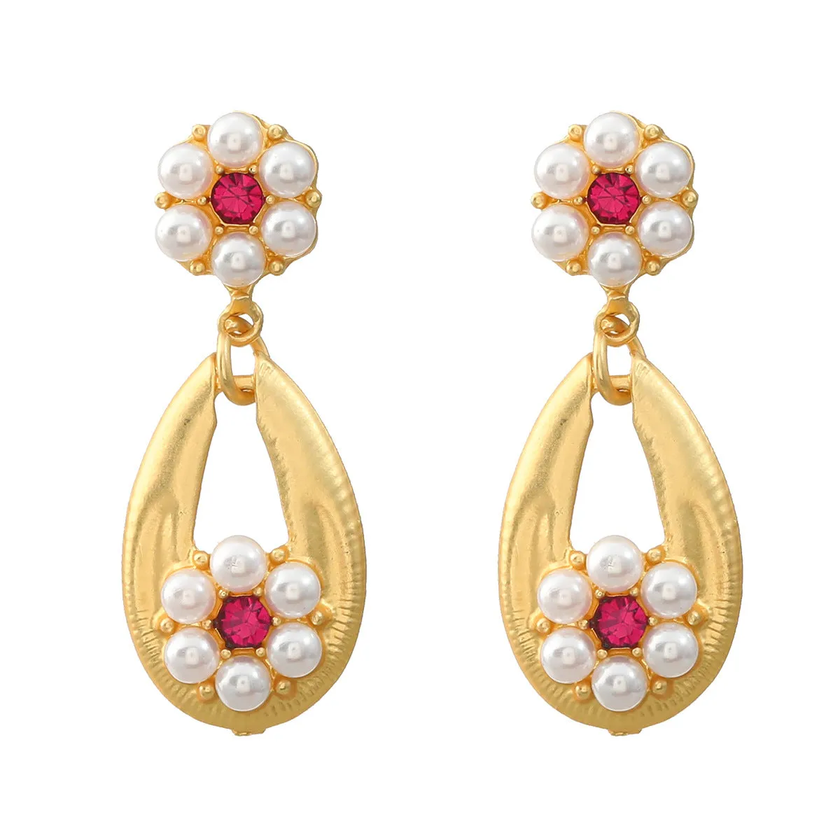 Mid-Ancient Earrings European and American Vintage Earrings Women's Bohemian Style Drop-Shaped Alloy Inlaid Pearl Flower Earrings Wholesale
