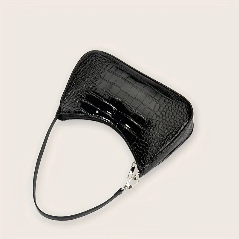 Minimalist Baguette Bag Crocodile Pattern Zipper Underarm Bag